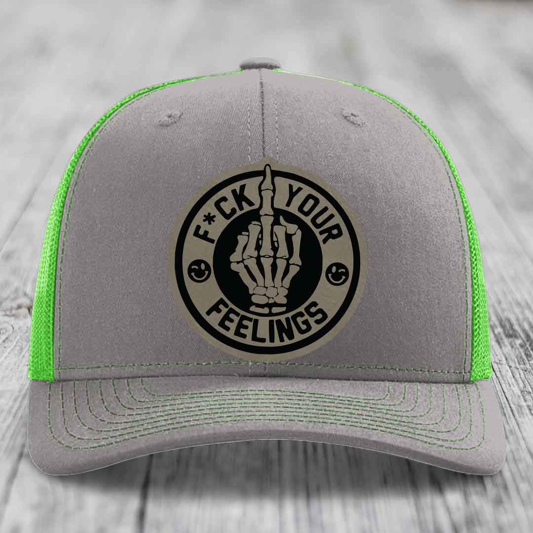 F*ck Your Feelings - Leather Patch Hat - Light Brown to Black Patch - Richardson 112 Snapback Trucker Hat