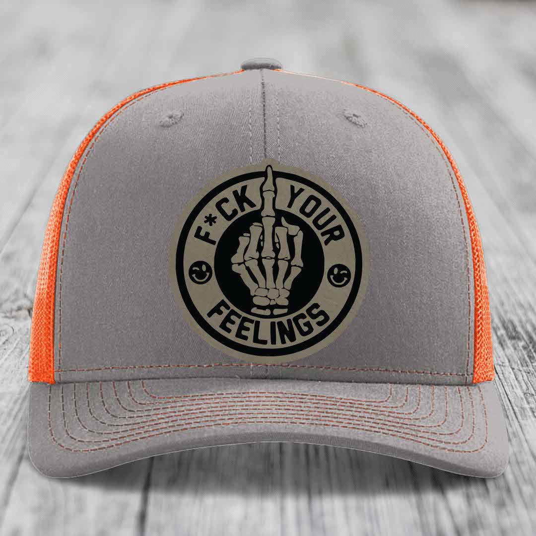 F*ck Your Feelings - Leather Patch Hat - Light Brown to Black Patch - Richardson 112 Snapback Trucker Hat