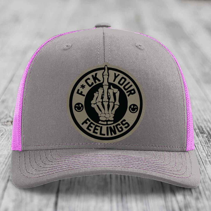 F*ck Your Feelings - Leather Patch Hat - Light Brown to Black Patch - Richardson 112 Snapback Trucker Hat