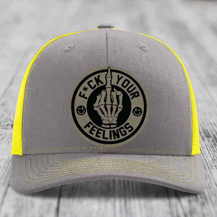 F*ck Your Feelings - Leather Patch Hat - Light Brown to Black Patch - Richardson 112 Snapback Trucker Hat
