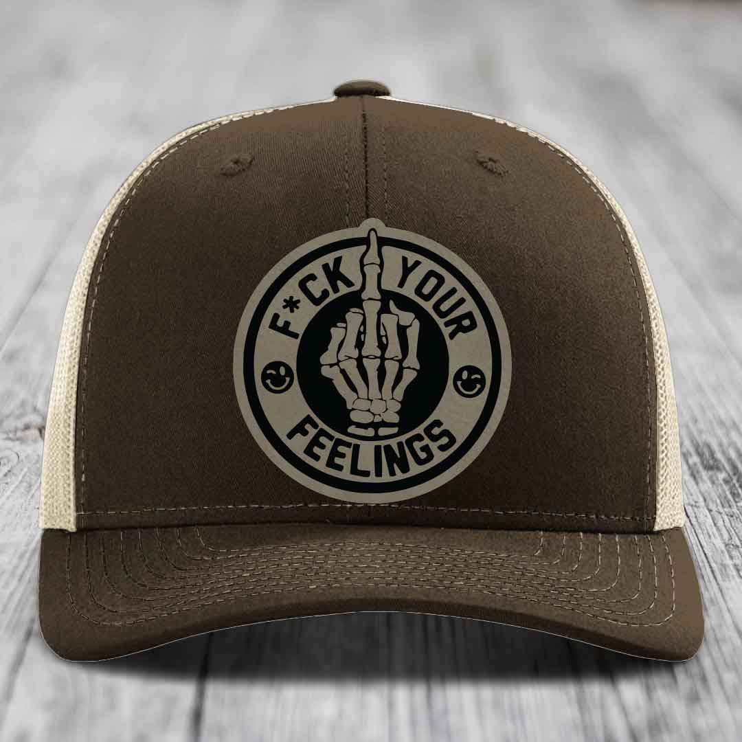 F*ck Your Feelings - Leather Patch Hat - Light Brown to Black Patch - Richardson 112 Snapback Trucker Hat