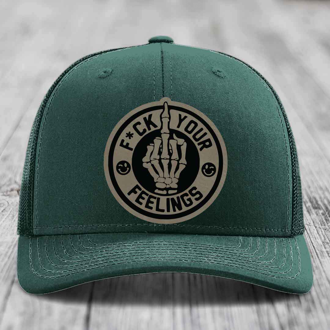 F*ck Your Feelings - Leather Patch Hat - Light Brown to Black Patch - Richardson 112 Snapback Trucker Hat