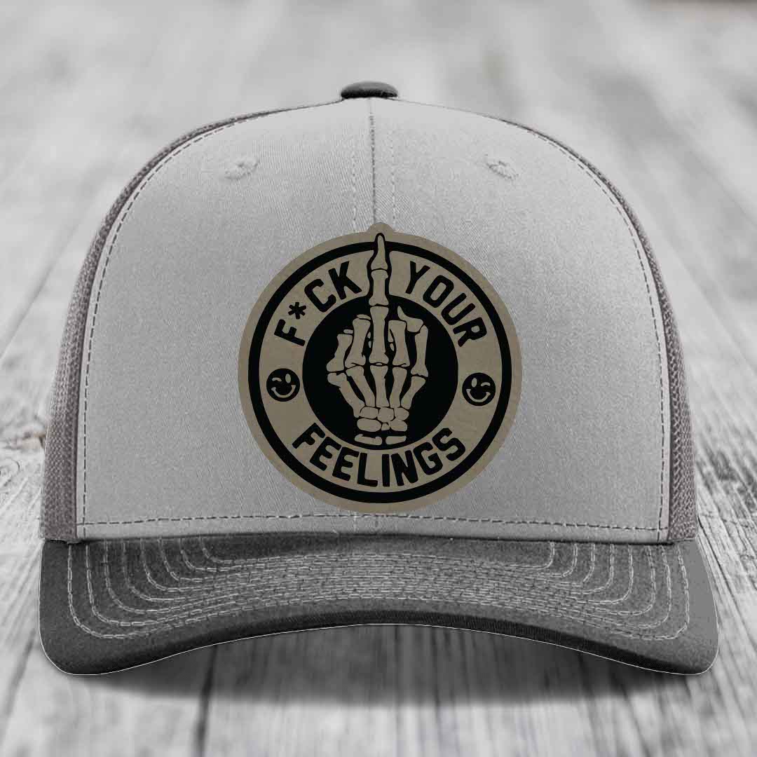 F*ck Your Feelings - Leather Patch Hat - Light Brown to Black Patch - Richardson 112 Snapback Trucker Hat