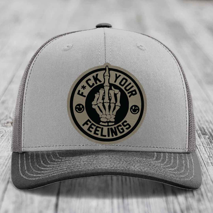 F*ck Your Feelings - Leather Patch Hat - Light Brown to Black Patch - Richardson 112 Snapback Trucker Hat