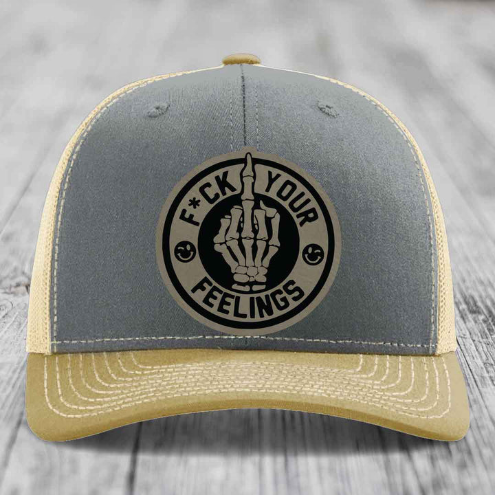 F*ck Your Feelings - Leather Patch Hat - Light Brown to Black Patch - Richardson 112 Snapback Trucker Hat