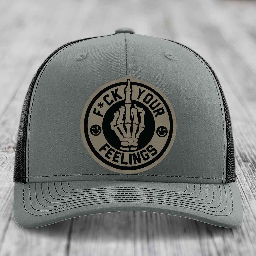 F*ck Your Feelings - Leather Patch Hat - Light Brown to Black Patch - Richardson 112 Snapback Trucker Hat