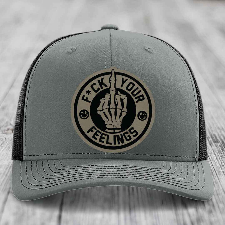 F*ck Your Feelings - Leather Patch Hat - Light Brown to Black Patch - Richardson 112 Snapback Trucker Hat