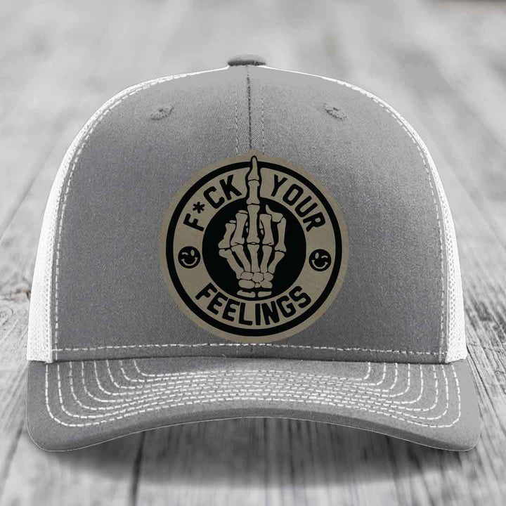 F*ck Your Feelings - Leather Patch Hat - Light Brown to Black Patch - Richardson 112 Snapback Trucker Hat