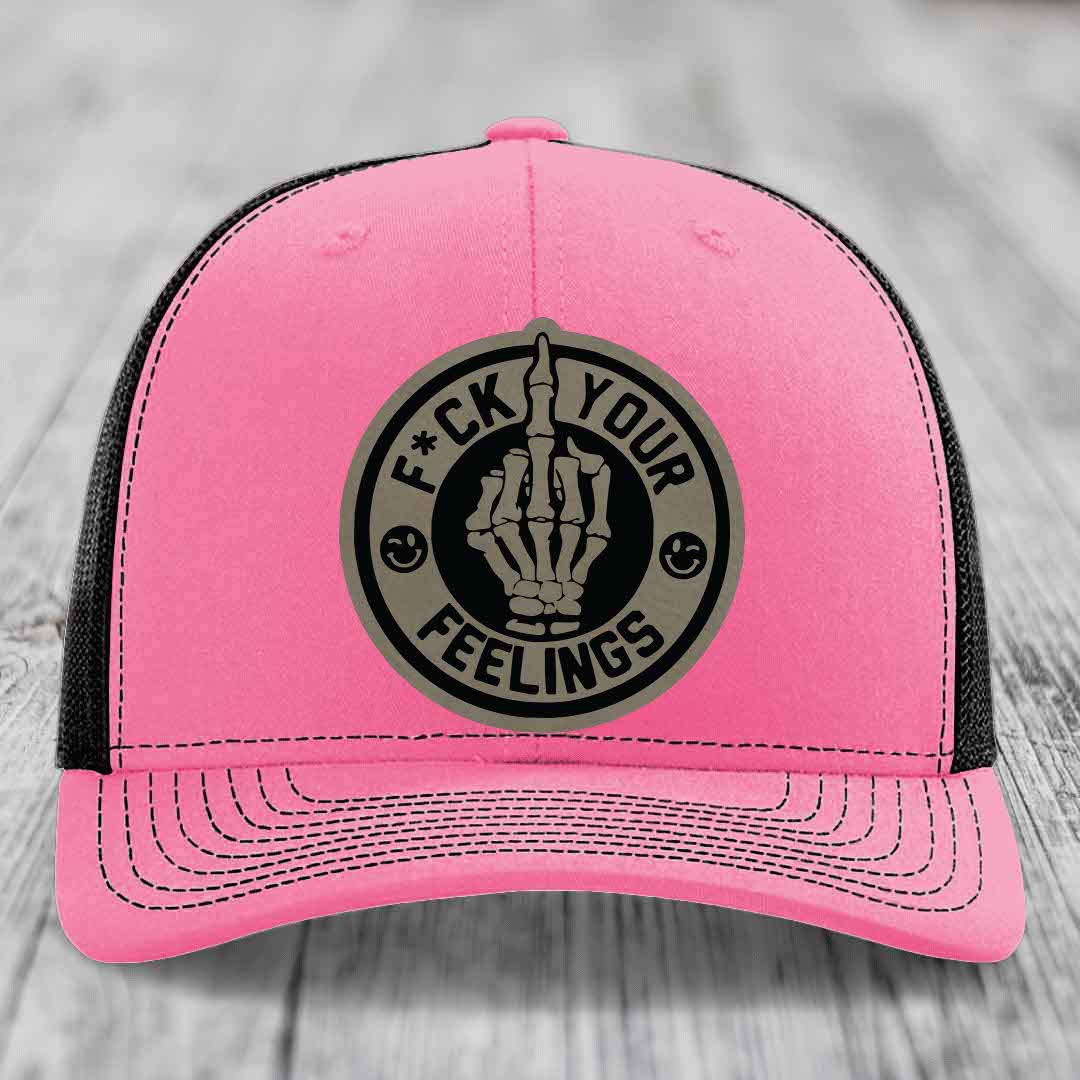 F*ck Your Feelings - Leather Patch Hat - Light Brown to Black Patch - Richardson 112 Snapback Trucker Hat