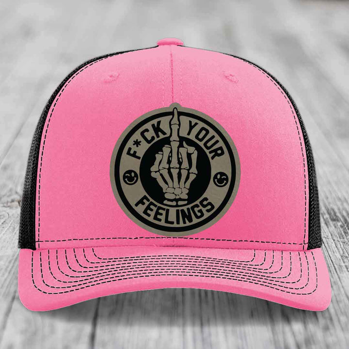 F*ck Your Feelings - Leather Patch Hat - Light Brown to Black Patch - Richardson 112 Snapback Trucker Hat