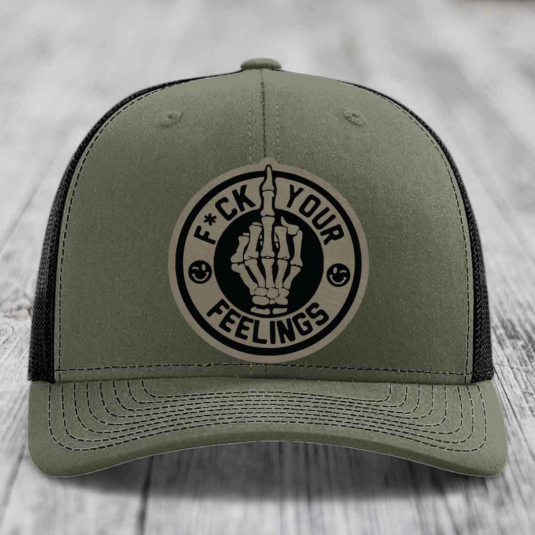 F*ck Your Feelings - Leather Patch Hat - Light Brown to Black Patch - Richardson 112 Snapback Trucker Hat