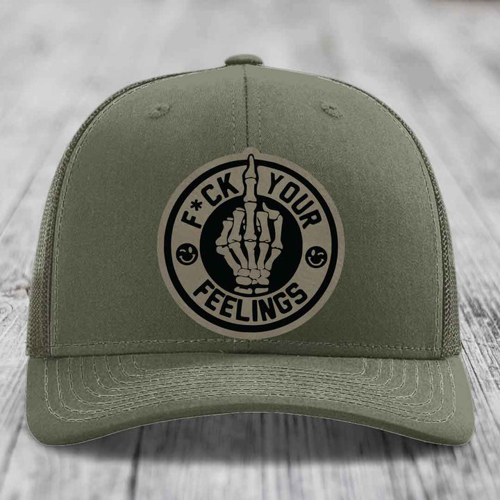 F*ck Your Feelings - Leather Patch Hat - Light Brown to Black Patch - Richardson 112 Snapback Trucker Hat