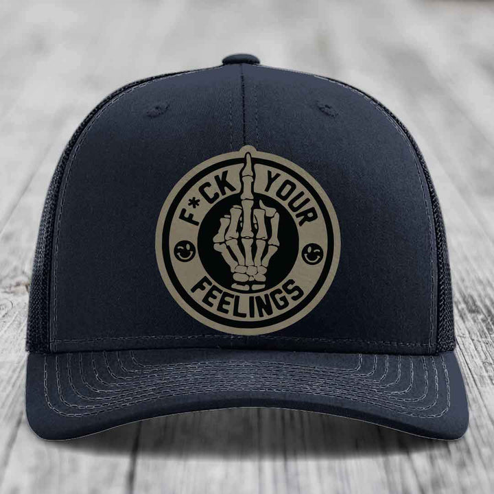 F*ck Your Feelings - Leather Patch Hat - Light Brown to Black Patch - Richardson 112 Snapback Trucker Hat