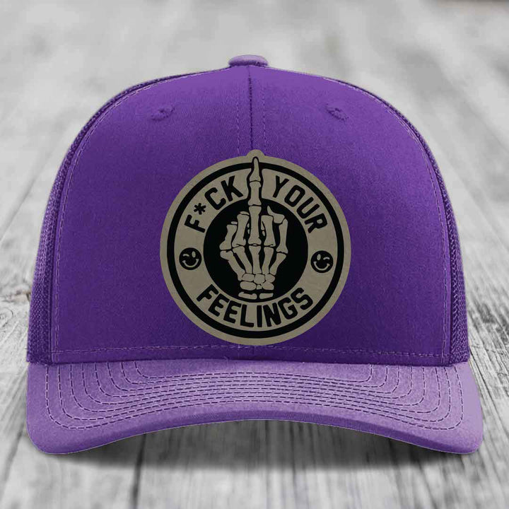 F*ck Your Feelings - Leather Patch Hat - Light Brown to Black Patch - Richardson 112 Snapback Trucker Hat