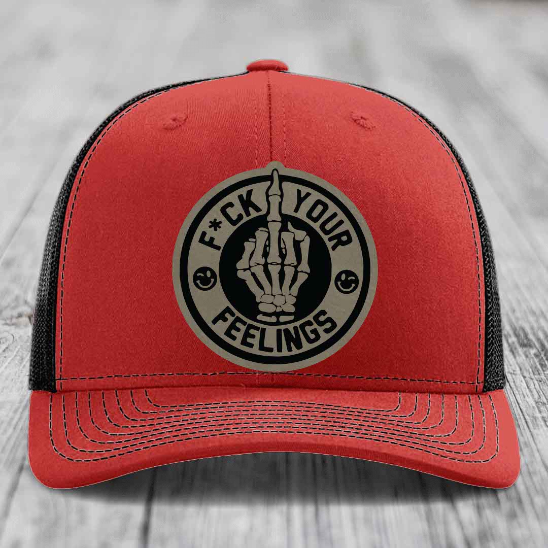 F*ck Your Feelings - Leather Patch Hat - Light Brown to Black Patch - Richardson 112 Snapback Trucker Hat