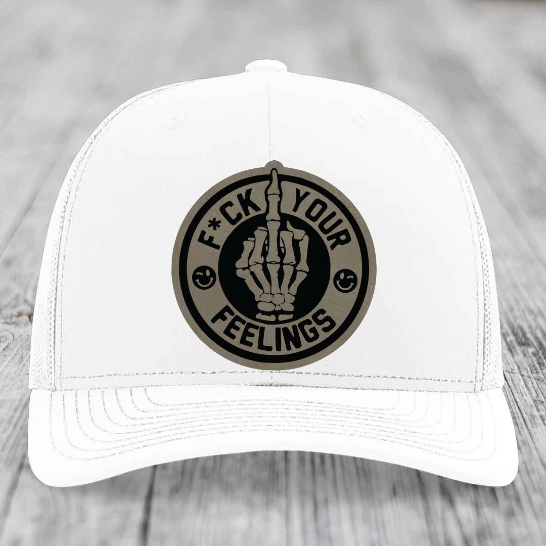 F*ck Your Feelings - Leather Patch Hat - Light Brown to Black Patch - Richardson 112 Snapback Trucker Hat