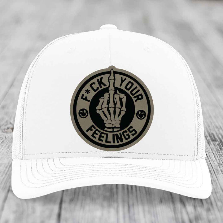 F*ck Your Feelings - Leather Patch Hat - Light Brown to Black Patch - Richardson 112 Snapback Trucker Hat