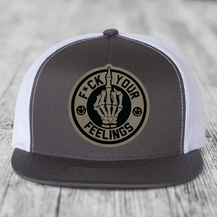 F*ck Your Feelings - Leather Patch Hat - Light Brown to Black Patch - Yupoong 6006 Snapback Flatbill Hat