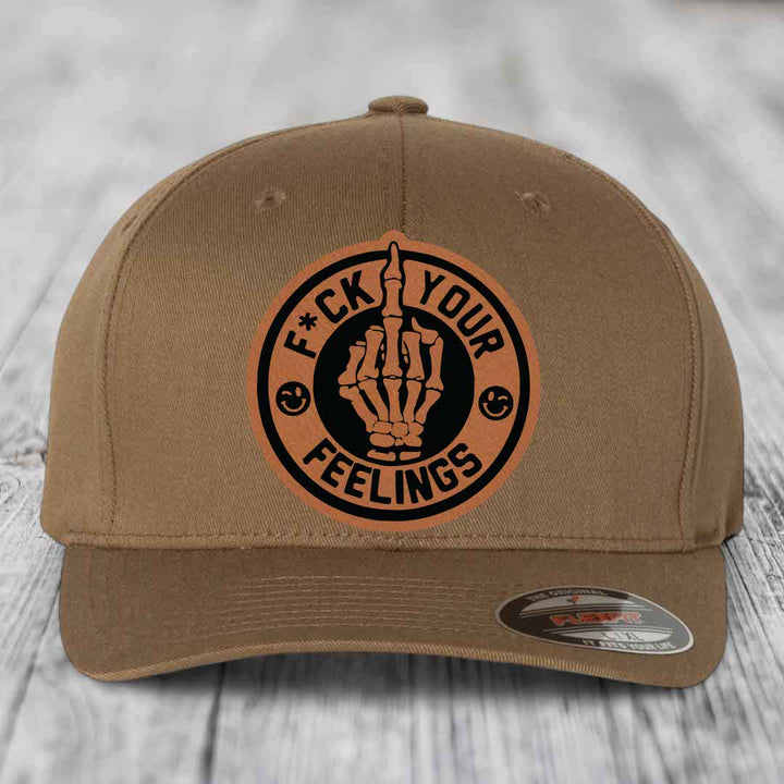 F*ck Your Feelings - Leather Patch Hat - Rawhide to Black Patch - Flexfit 6277 Fitted Hat