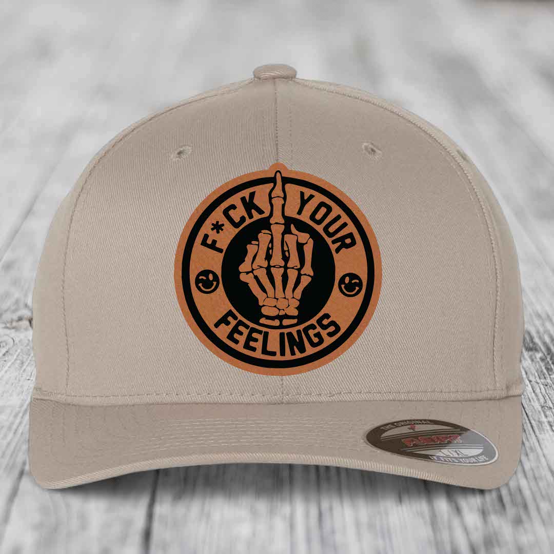 F*ck Your Feelings - Leather Patch Hat - Rawhide to Black Patch - Flexfit 6277 Fitted Hat