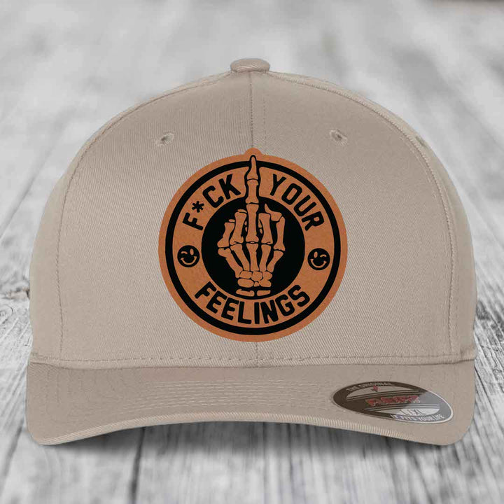 F*ck Your Feelings - Leather Patch Hat - Rawhide to Black Patch - Flexfit 6277 Fitted Hat