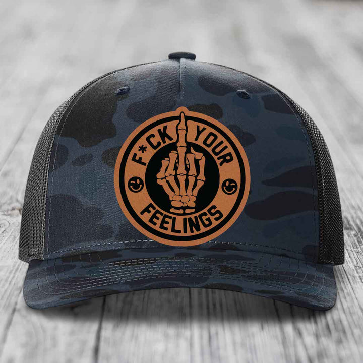 F*ck Your Feelings - Leather Patch Hat - Rawhide to Black Patch - Richardson 112PFP Snapback Trucker Hat