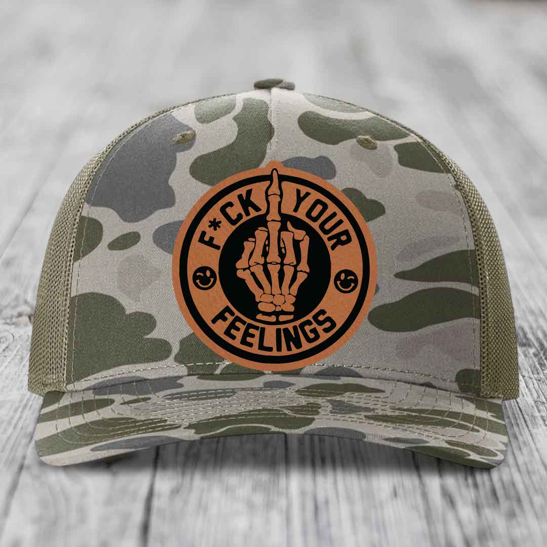 F*ck Your Feelings - Leather Patch Hat - Rawhide to Black Patch - Richardson 112PFP Snapback Trucker Hat