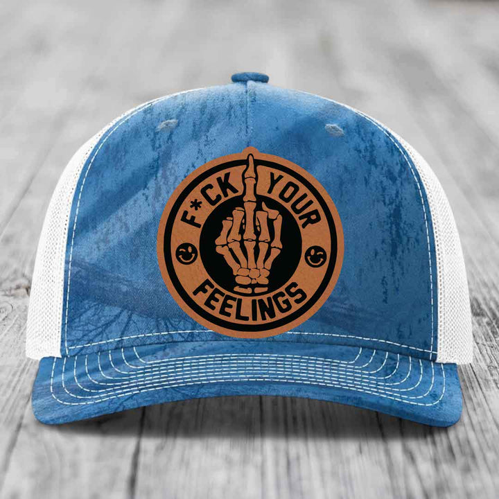 F*ck Your Feelings - Leather Patch Hat - Rawhide to Black Patch - Richardson 112PFP Snapback Trucker Hat