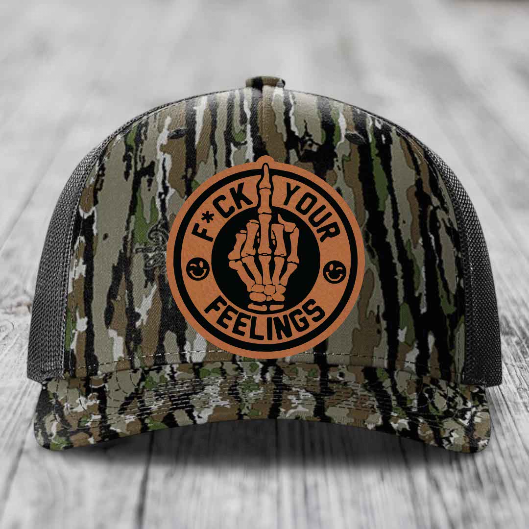 F*ck Your Feelings - Leather Patch Hat - Rawhide to Black Patch - Richardson 112PFP Snapback Trucker Hat