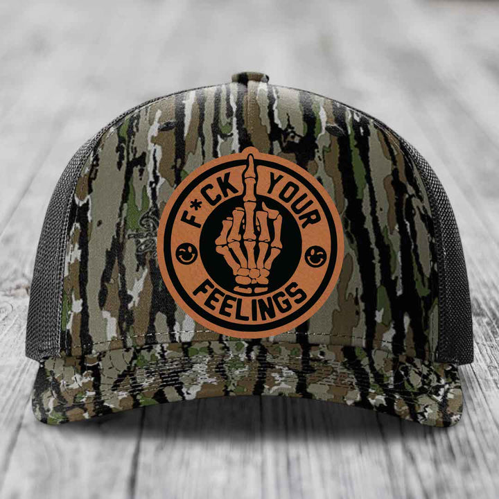 F*ck Your Feelings - Leather Patch Hat - Rawhide to Black Patch - Richardson 112PFP Snapback Trucker Hat