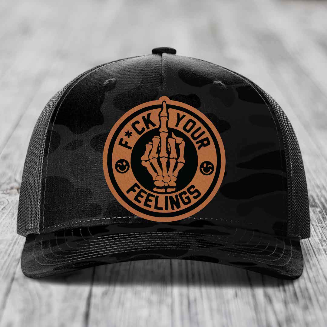 F*ck Your Feelings - Leather Patch Hat - Rawhide to Black Patch - Richardson 112PFP Snapback Trucker Hat