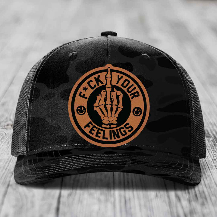 F*ck Your Feelings - Leather Patch Hat - Rawhide to Black Patch - Richardson 112PFP Snapback Trucker Hat