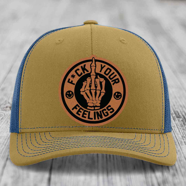 F*ck Your Feelings - Leather Patch Hat - Rawhide to Black Patch - Richardson 112 Snapback Trucker Hat