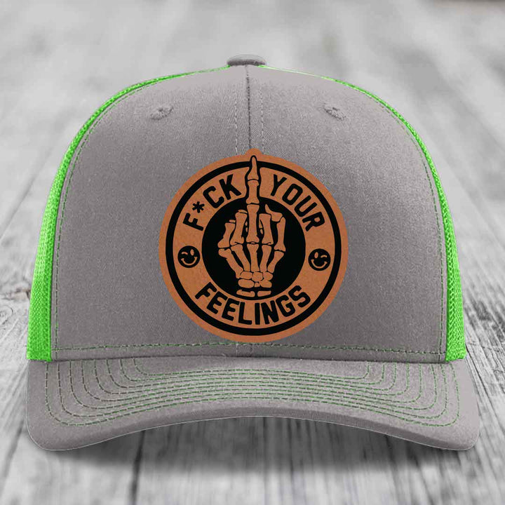 F*ck Your Feelings - Leather Patch Hat - Rawhide to Black Patch - Richardson 112 Snapback Trucker Hat