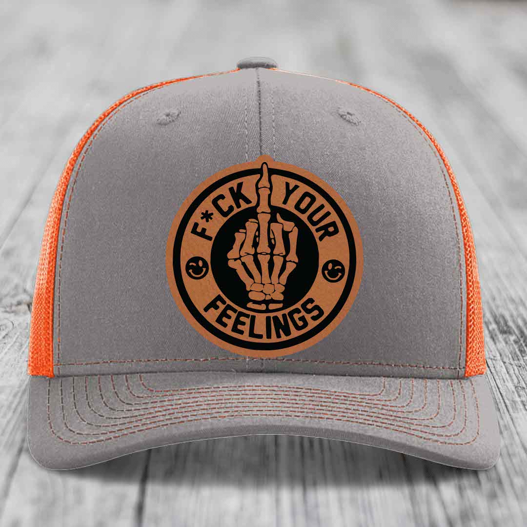F*ck Your Feelings - Leather Patch Hat - Rawhide to Black Patch - Richardson 112 Snapback Trucker Hat