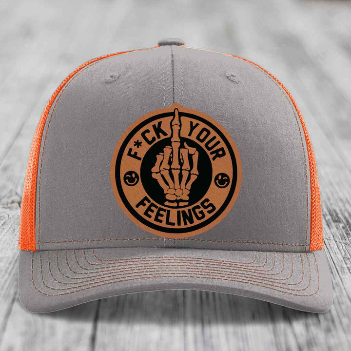 F*ck Your Feelings - Leather Patch Hat - Rawhide to Black Patch - Richardson 112 Snapback Trucker Hat