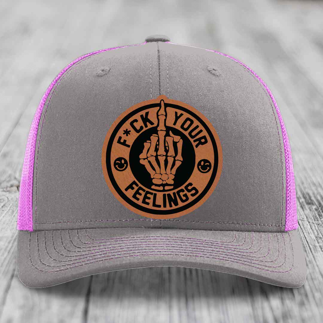 F*ck Your Feelings - Leather Patch Hat - Rawhide to Black Patch - Richardson 112 Snapback Trucker Hat