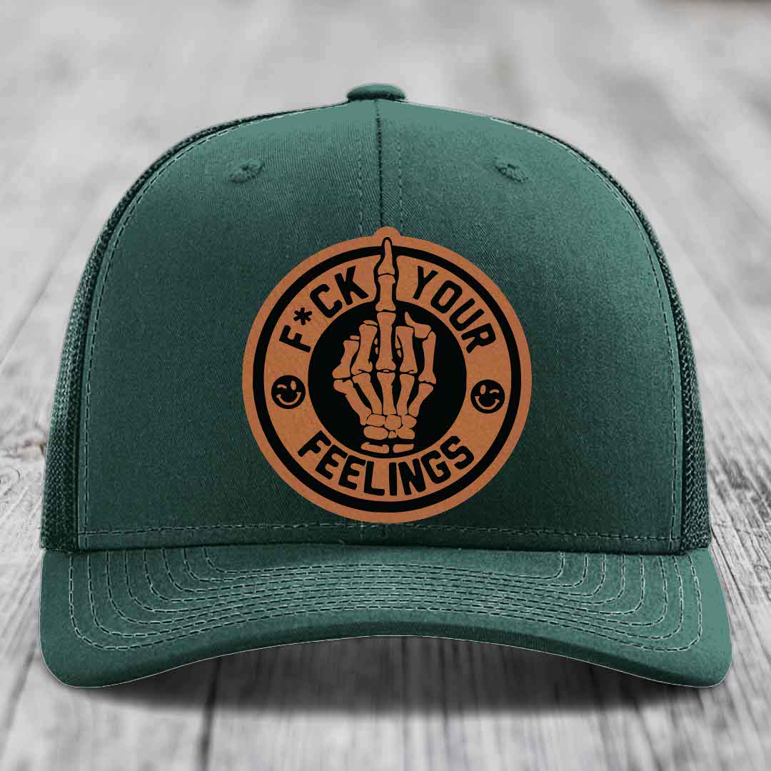 F*ck Your Feelings - Leather Patch Hat - Rawhide to Black Patch - Richardson 112 Snapback Trucker Hat