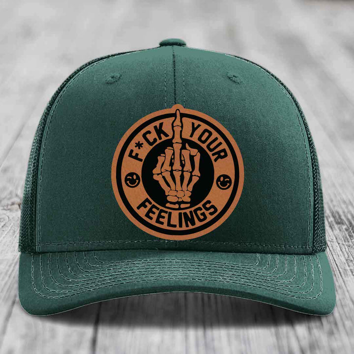 F*ck Your Feelings - Leather Patch Hat - Rawhide to Black Patch - Richardson 112 Snapback Trucker Hat