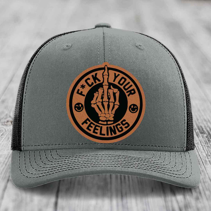 F*ck Your Feelings - Leather Patch Hat - Rawhide to Black Patch - Richardson 112 Snapback Trucker Hat