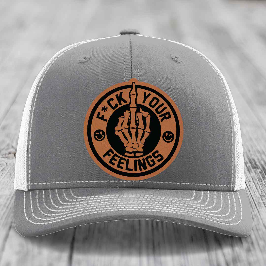 F*ck Your Feelings - Leather Patch Hat - Rawhide to Black Patch - Richardson 112 Snapback Trucker Hat