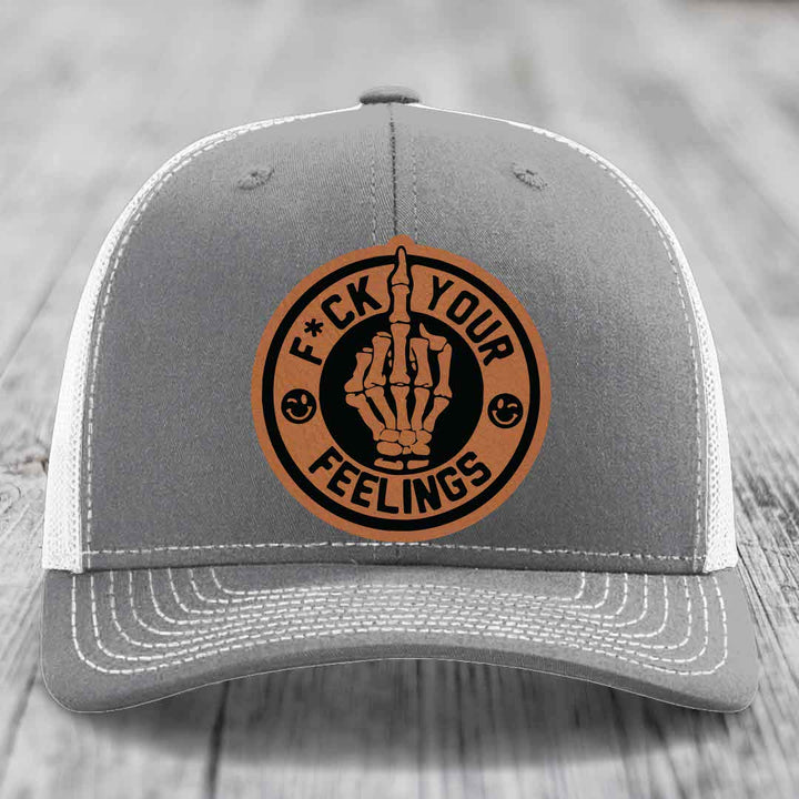 F*ck Your Feelings - Leather Patch Hat - Rawhide to Black Patch - Richardson 112 Snapback Trucker Hat