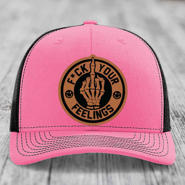 F*ck Your Feelings - Leather Patch Hat - Rawhide to Black Patch - Richardson 112 Snapback Trucker Hat