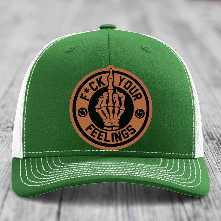 F*ck Your Feelings - Leather Patch Hat - Rawhide to Black Patch - Richardson 112 Snapback Trucker Hat