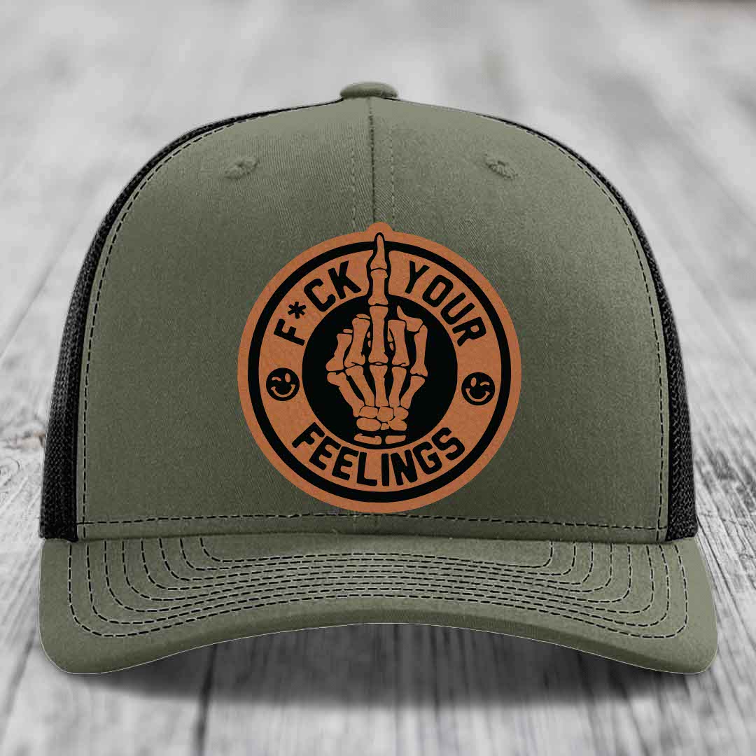 F*ck Your Feelings - Leather Patch Hat - Rawhide to Black Patch - Richardson 112 Snapback Trucker Hat