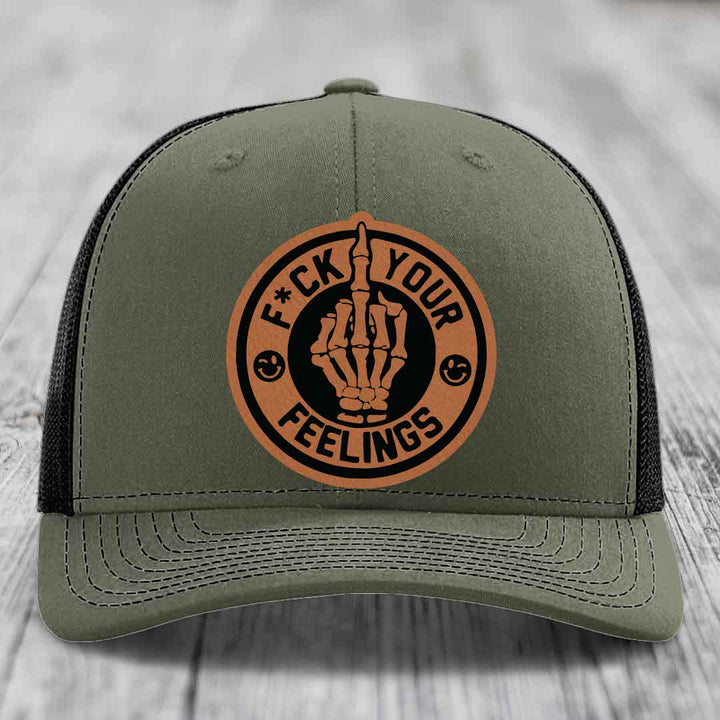 F*ck Your Feelings - Leather Patch Hat - Rawhide to Black Patch - Richardson 112 Snapback Trucker Hat