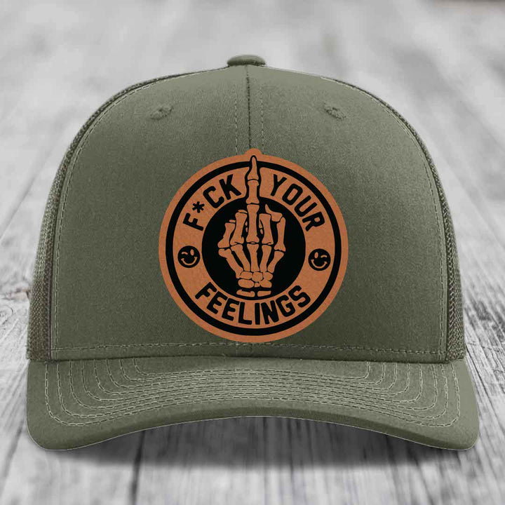F*ck Your Feelings - Leather Patch Hat - Rawhide to Black Patch - Richardson 112 Snapback Trucker Hat