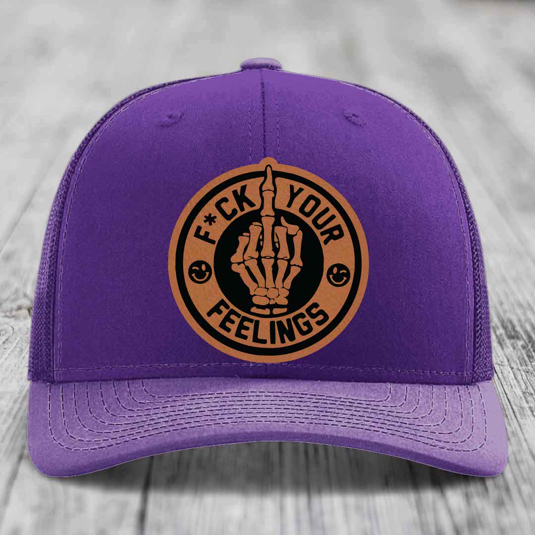 F*ck Your Feelings - Leather Patch Hat - Rawhide to Black Patch - Richardson 112 Snapback Trucker Hat