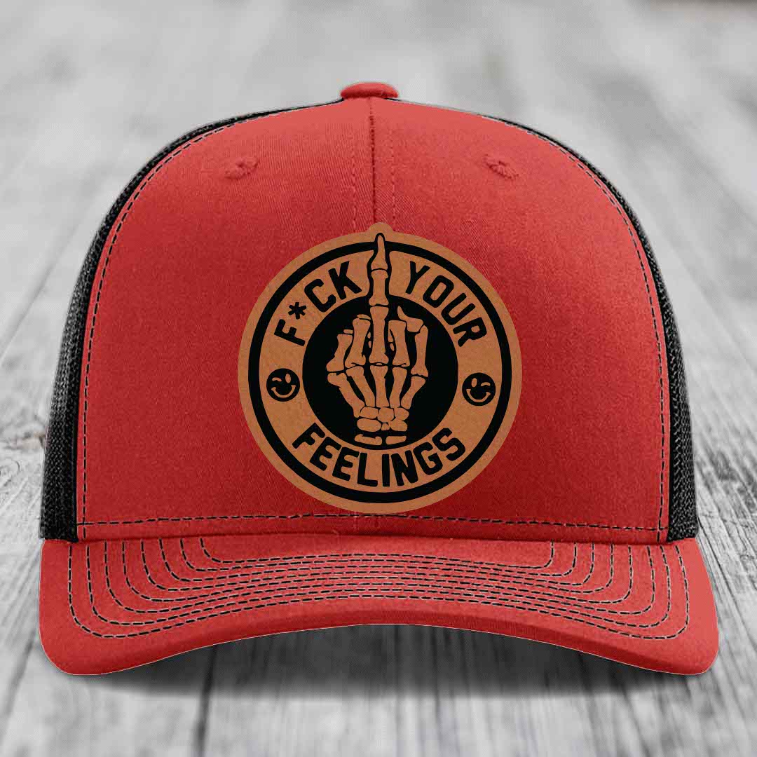 F*ck Your Feelings - Leather Patch Hat - Rawhide to Black Patch - Richardson 112 Snapback Trucker Hat