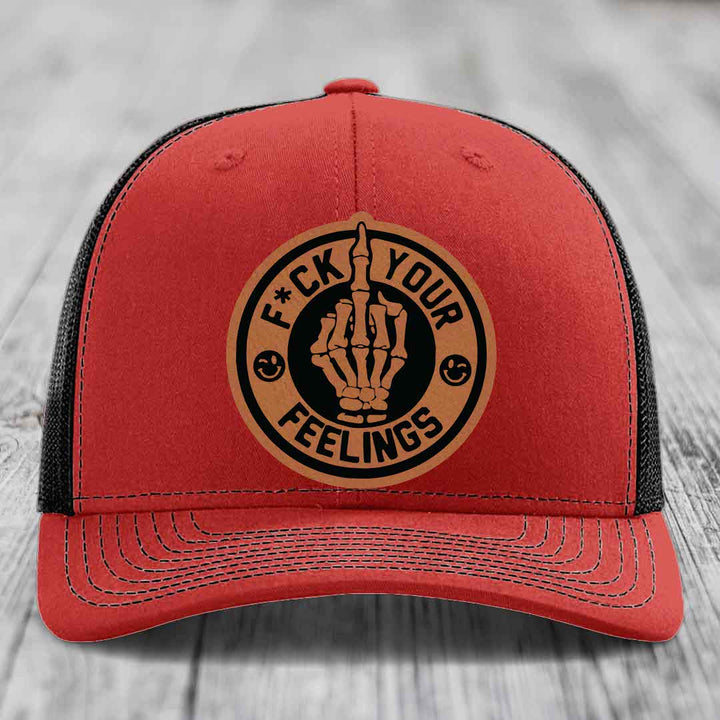 F*ck Your Feelings - Leather Patch Hat - Rawhide to Black Patch - Richardson 112 Snapback Trucker Hat